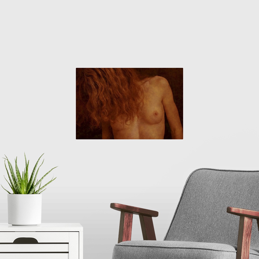 A modern room featuring A naked female with long hair
