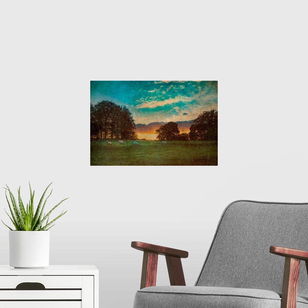 A modern room featuring Rural countride view across agricultural land at dusk in East Sussex, England with sheep grazing ...