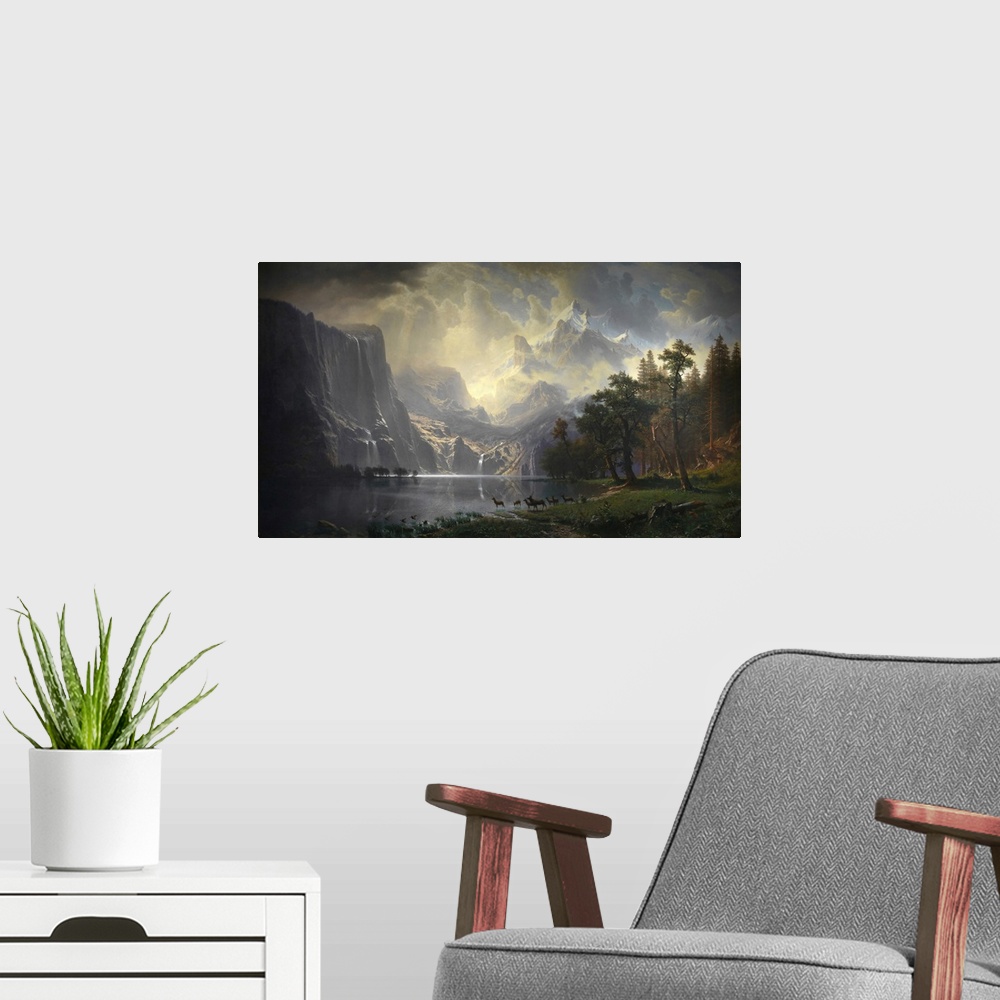A modern room featuring Romantic rural scene with mountains and dramatic sky.