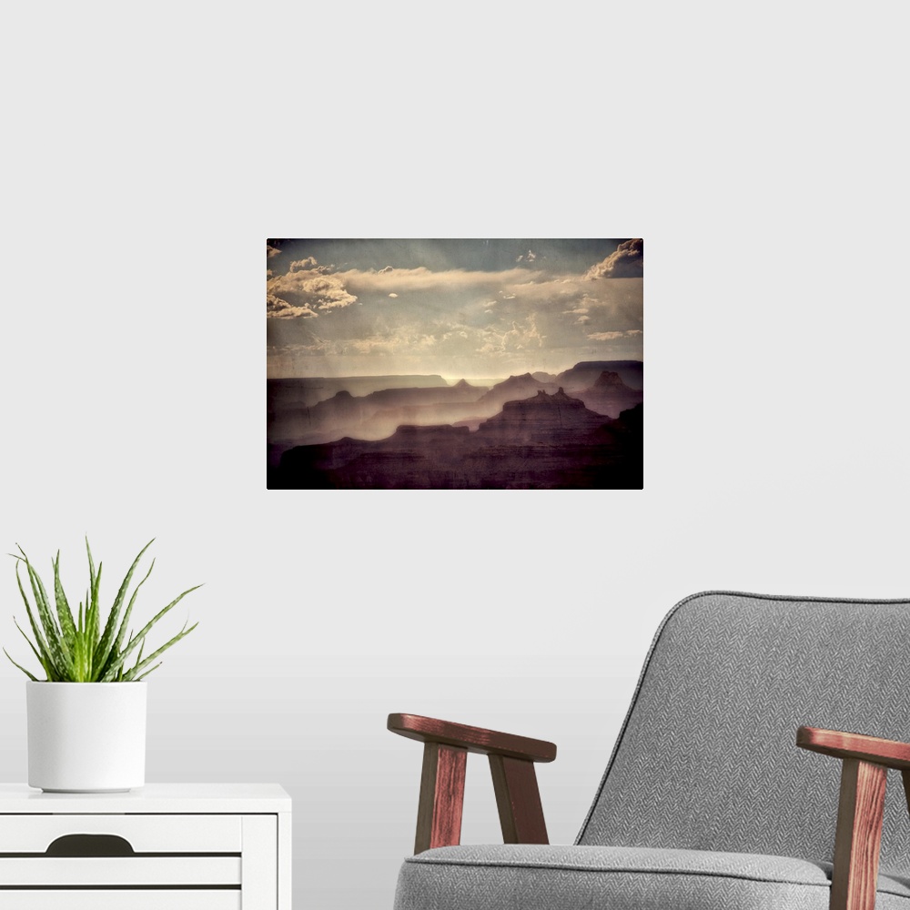 A modern room featuring Beautiful view of the Grand Canyon  in USA with raylights in a blue summer sky with texture layer