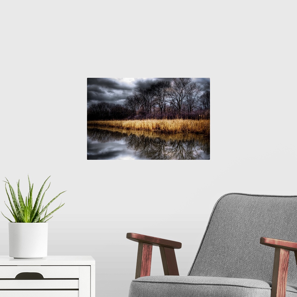 A modern room featuring Stormy grey skies reflected in a lake with reeds and trees