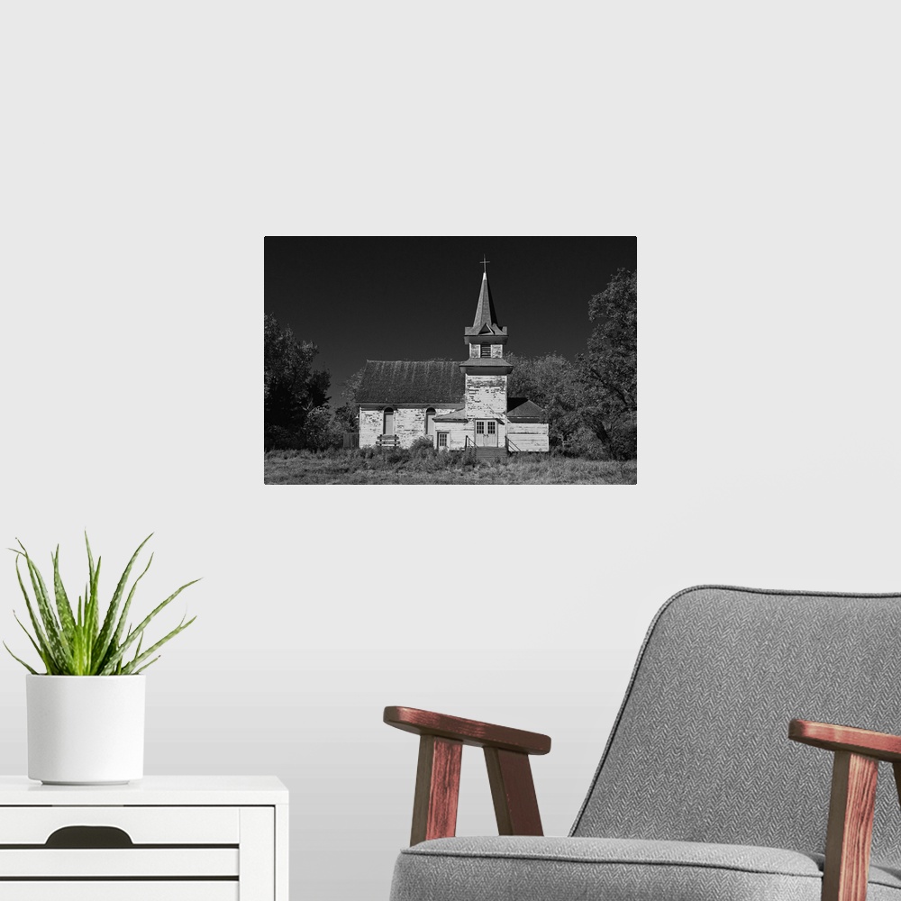 A modern room featuring Old church in rural landscape in Cavalier County USA