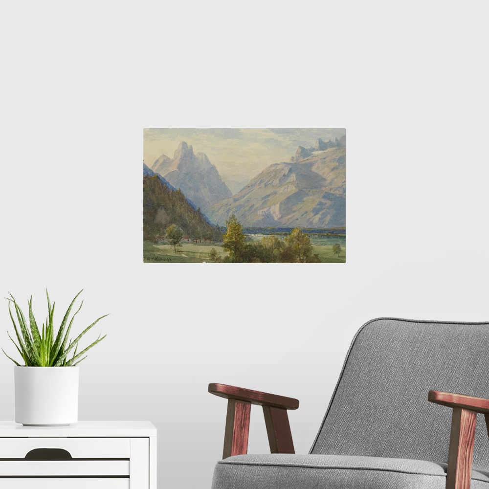 A modern room featuring Watercolour painting of a mountainous landscape.
