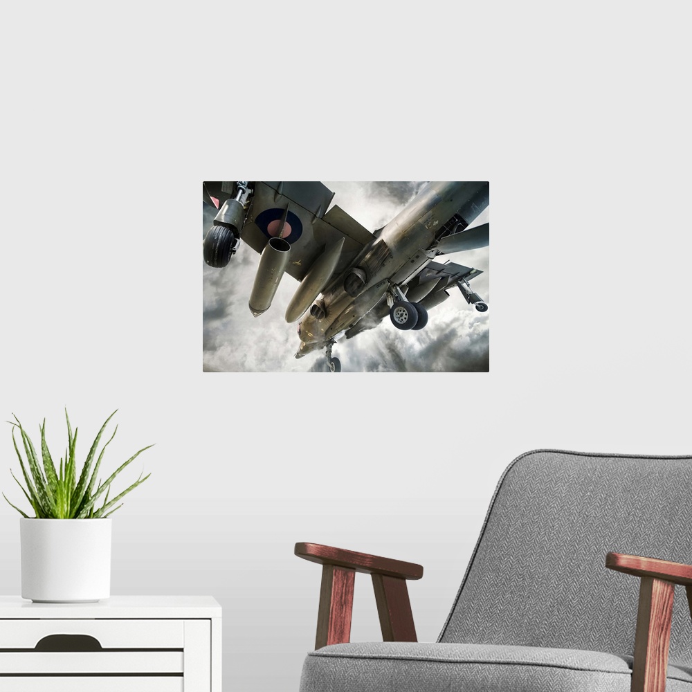 A modern room featuring A  Harrier Jump jet in vertical take-off