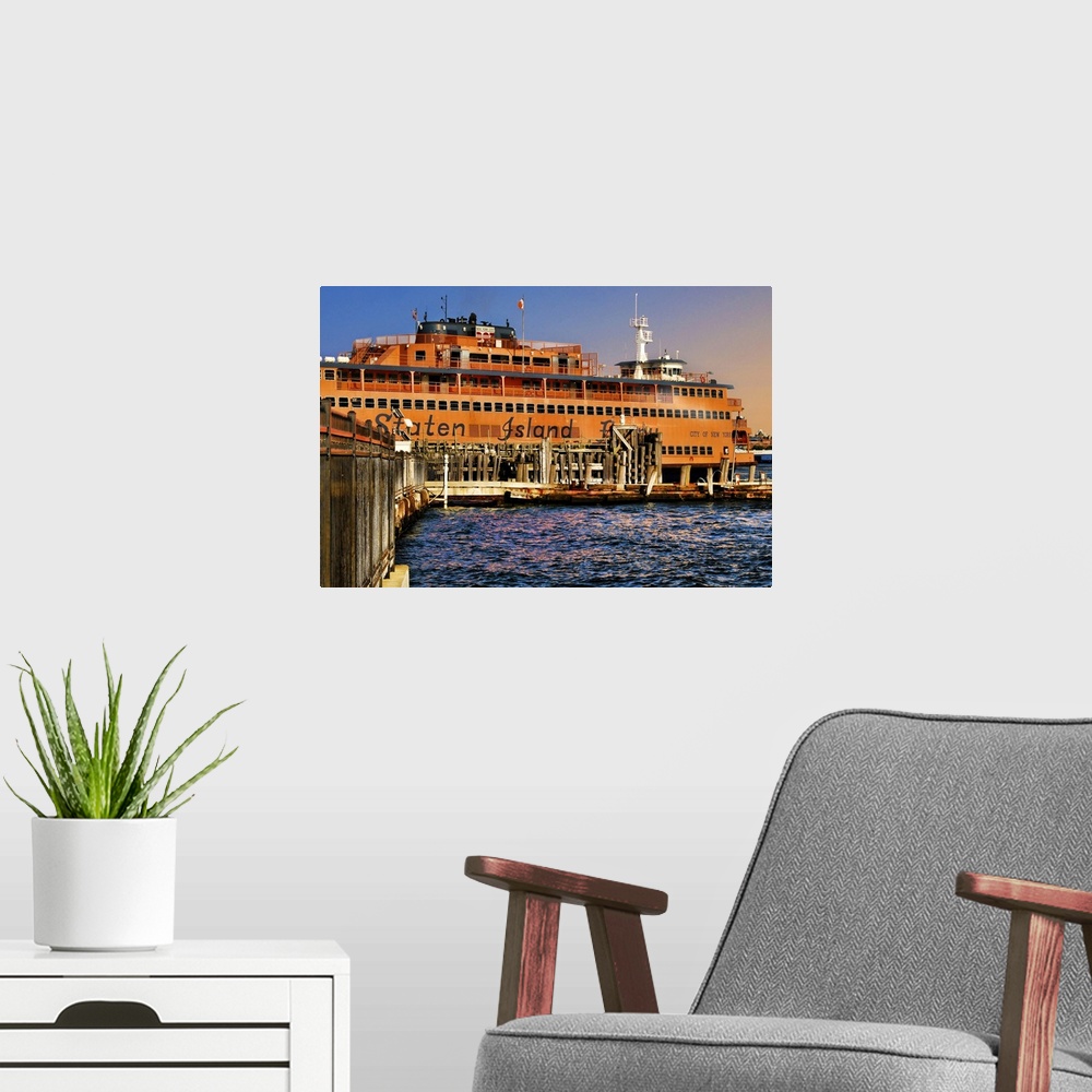 A modern room featuring HDR image of New York's Staten Island Ferry.
