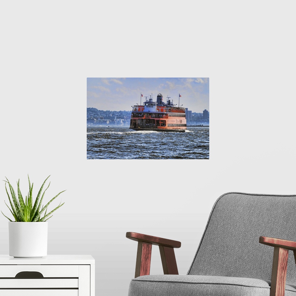 A modern room featuring HDR of the Staten Island Ferry leaving Manhattan, New York City.