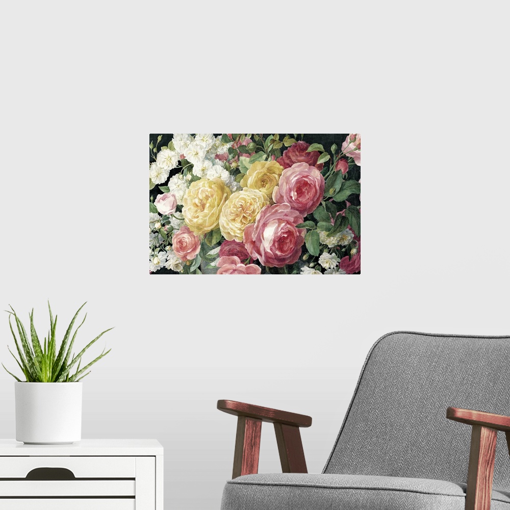 A modern room featuring Contemporary still life painting of large pink and yellow roses in an antique style.