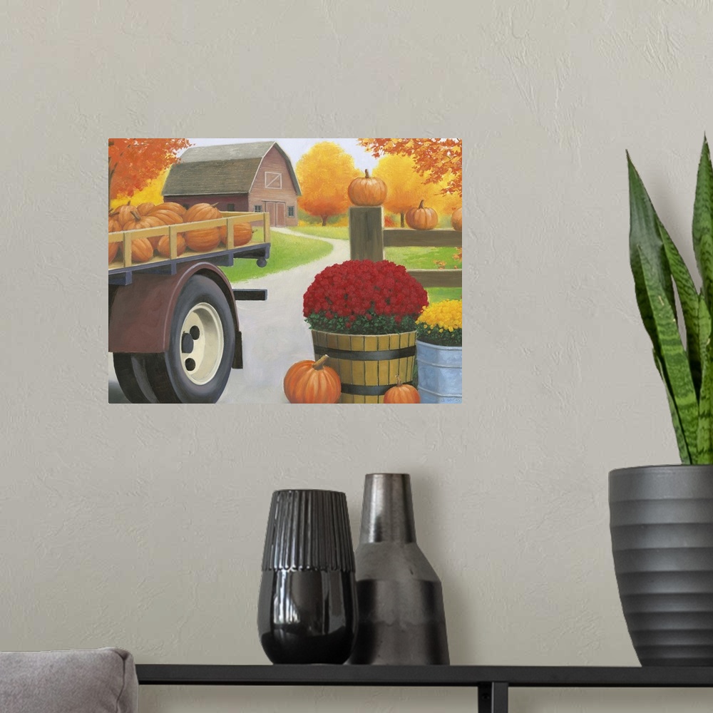 A modern room featuring Decorative Fall painting of a farm with a trailer full of pumpkins, potted mums, and a red barn i...