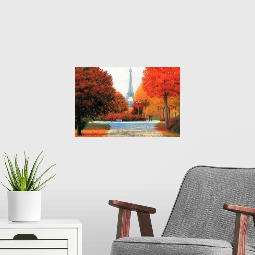 A modern room featuring Contemporary painting of an autumn day in Paris, with a view of the Eiffel tower.