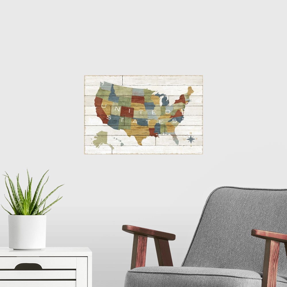 A modern room featuring Map of the United States with each state in different colors, on a wooden board background.