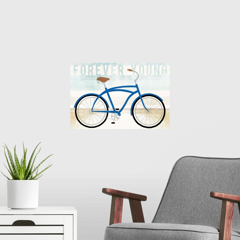 A modern room featuring "Forever Young" with an illustration of a blue bicycle on a blue, white, and tan background creat...