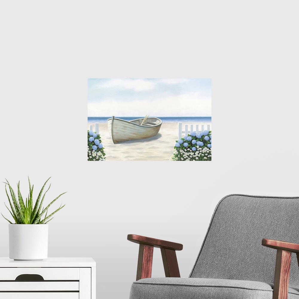 A modern room featuring Contemporary painting of a white boat on the sandy shore of a beach with daisies and blue hydrang...