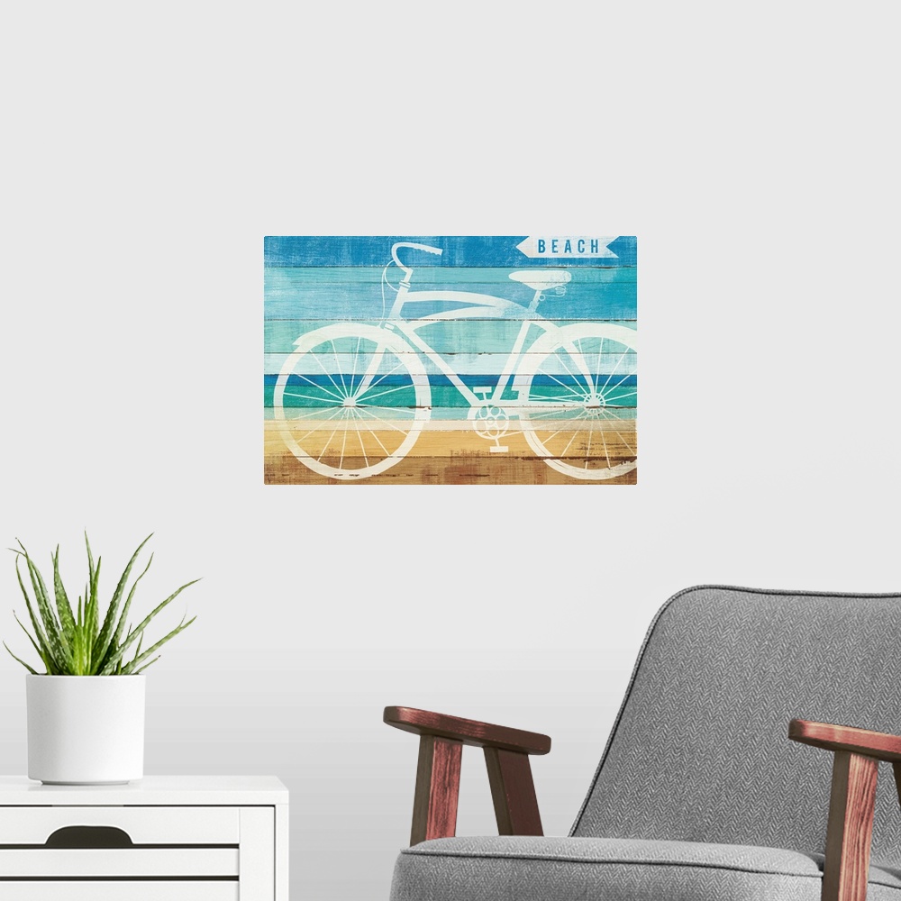 A modern room featuring White silhouette of a bicycle and a sign pointing to the beach on a wood panel background.