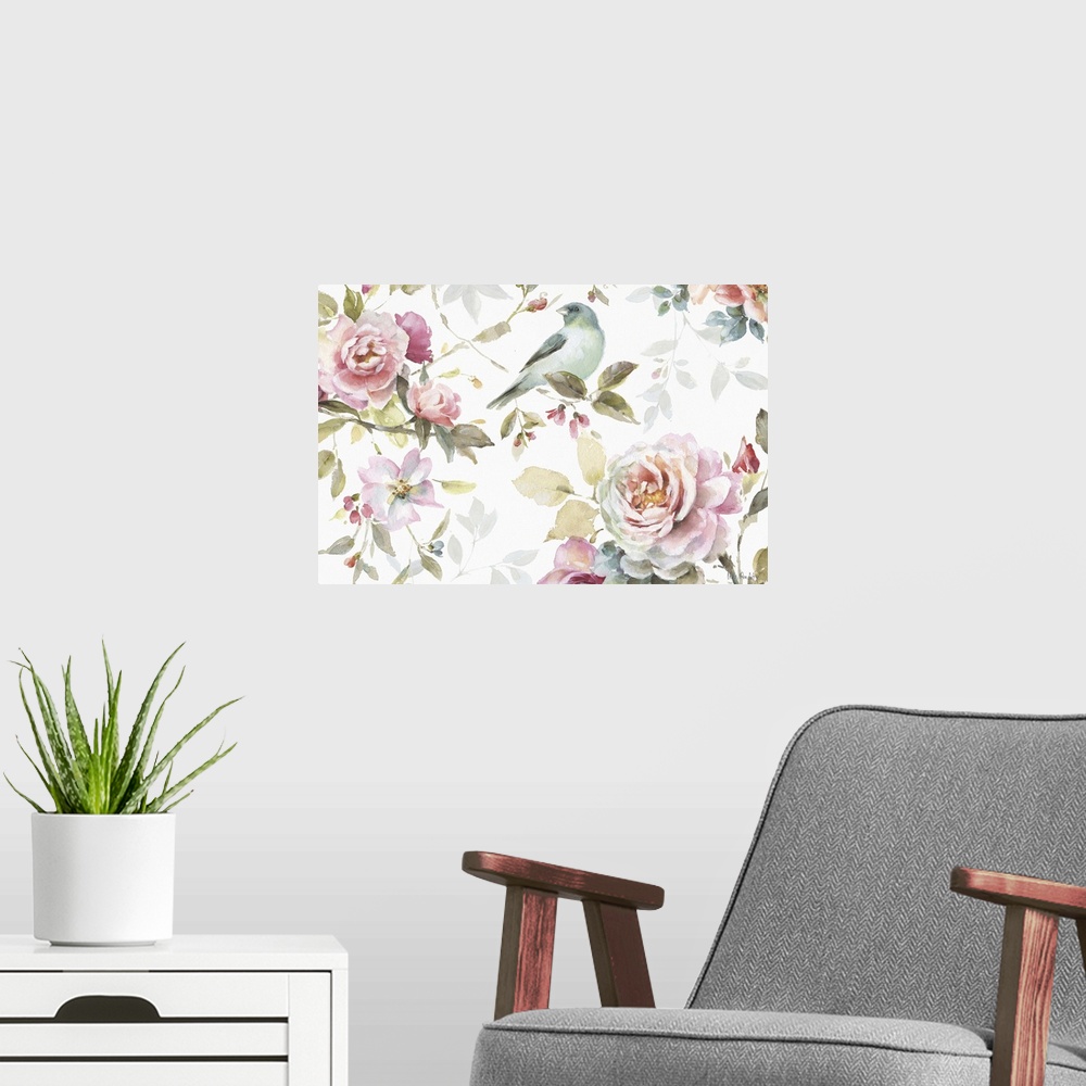 A modern room featuring Watercolor painting of a blue bird surrounded by pink roses and flowers.