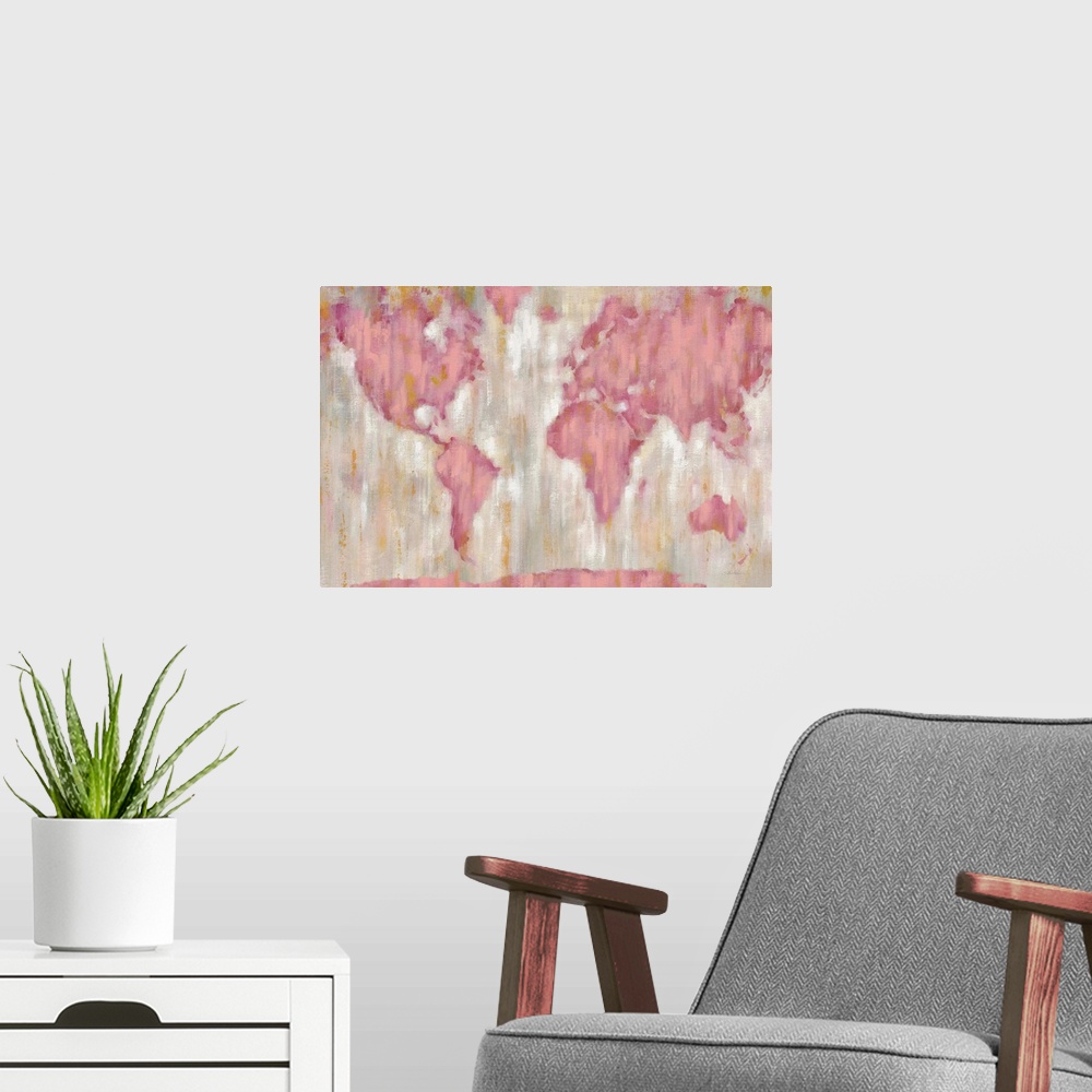 A modern room featuring Contemporary artwork of a world map with vertical brush strokes in pink and gold over a mottled b...