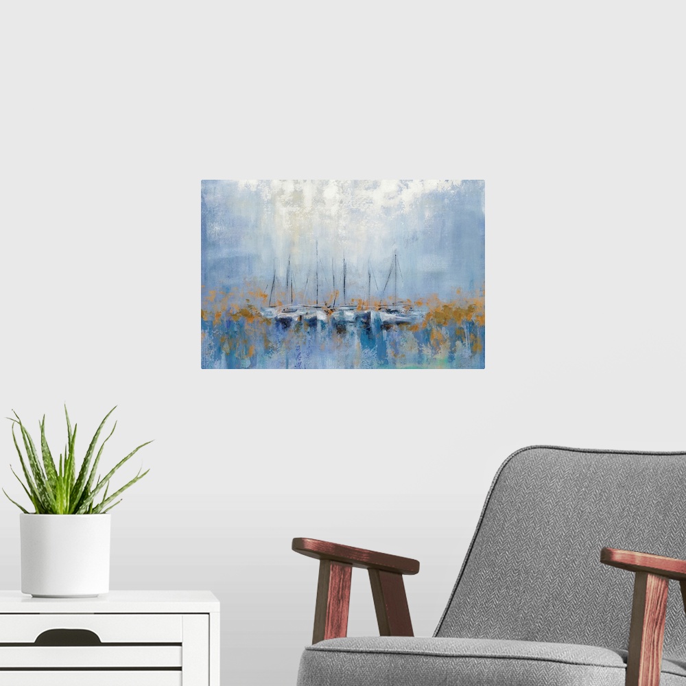 A modern room featuring A contemporary horizontal painting of a row of boats in a harbor in an abstract style with gold a...
