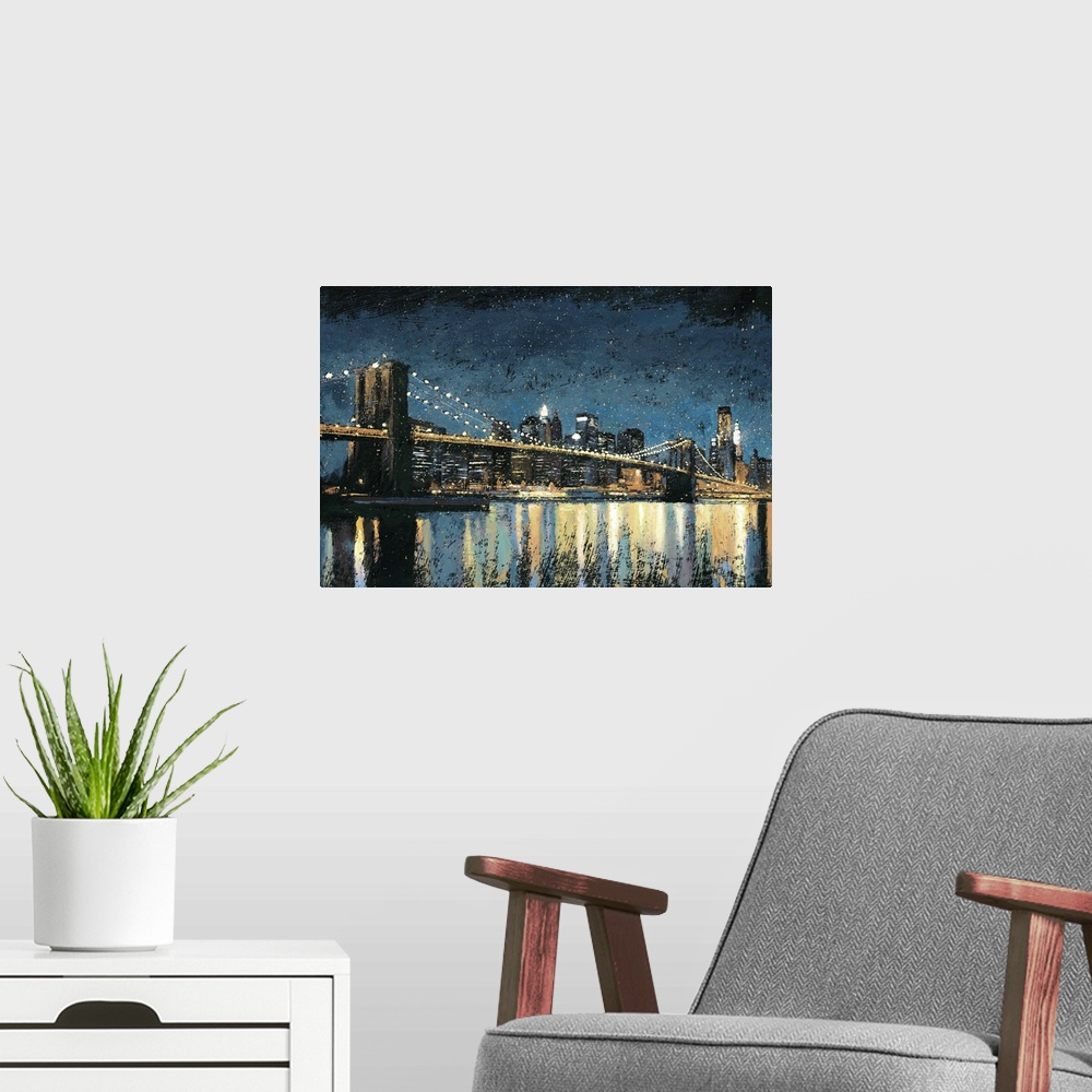 A modern room featuring Contemporary painting of the Brooklyn Bridge at night with the water reflecting the city lights.