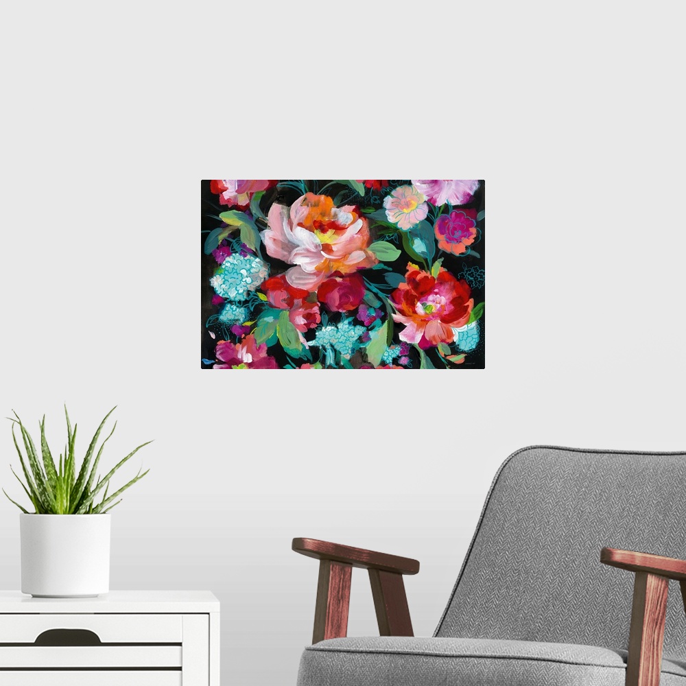 A modern room featuring Contemporary painting of bright florals on a black background.