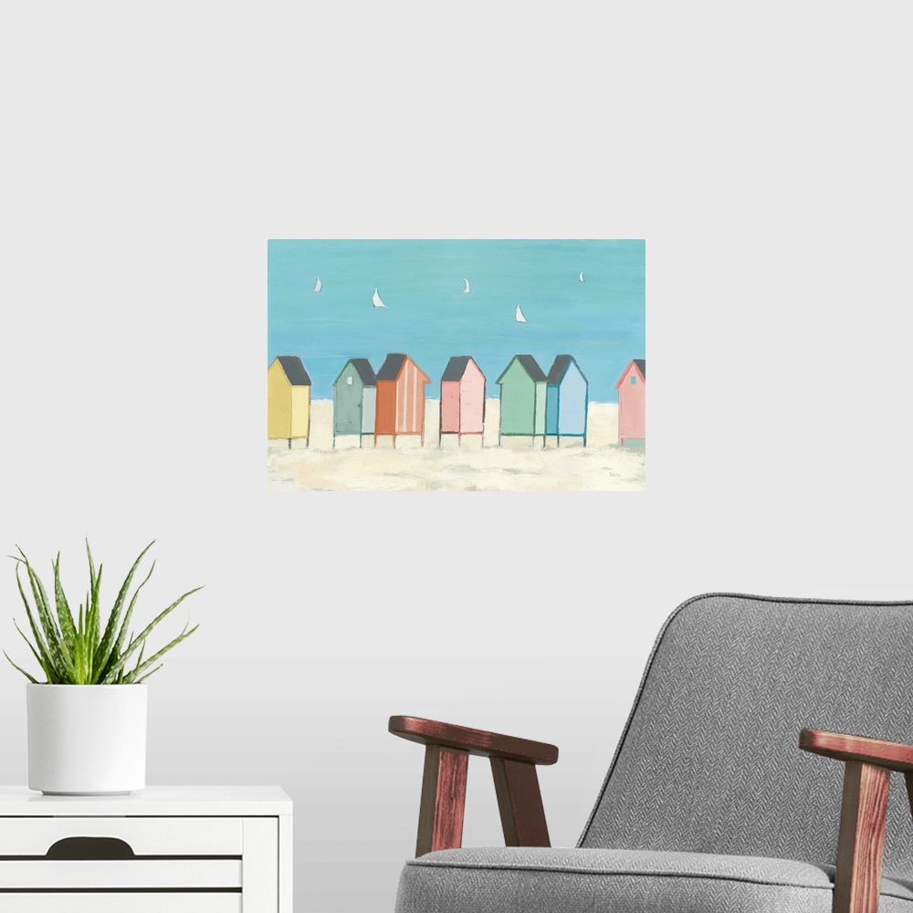 A modern room featuring Decorative artwork of colorful sea shacks at the beach with sailboats floating in the distance.