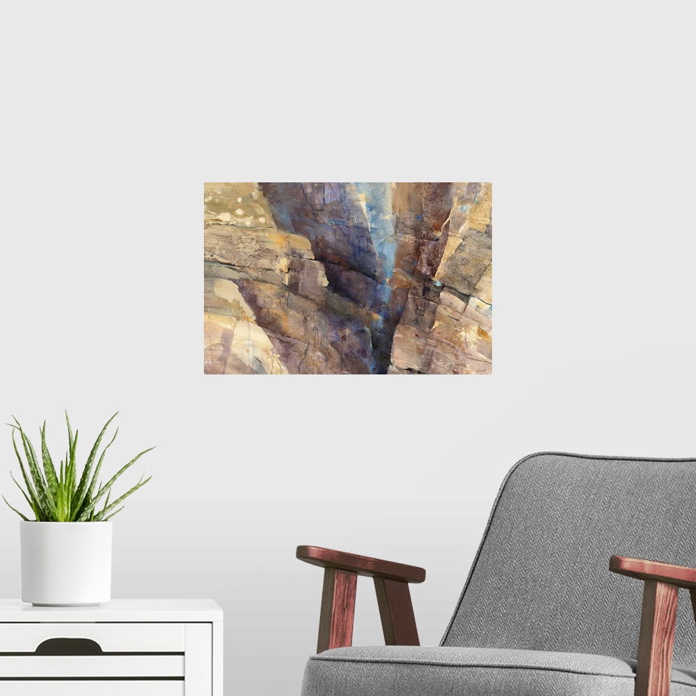 A modern room featuring Large abstract painting with brown, gray, cream, and blue hues resembling a rocky canyon with sma...