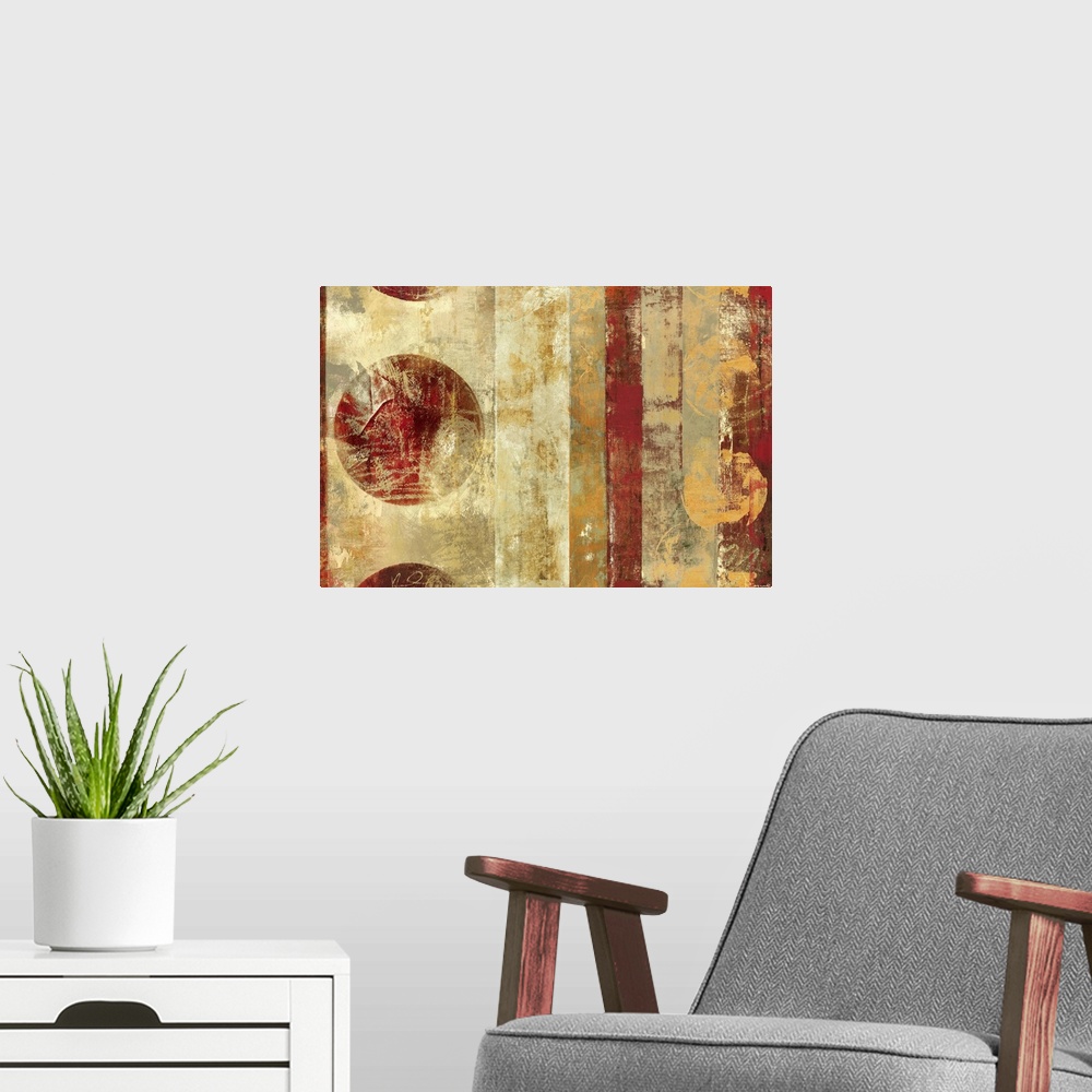 A modern room featuring Contemporary abstract image of vertical stripes and distressed circles.