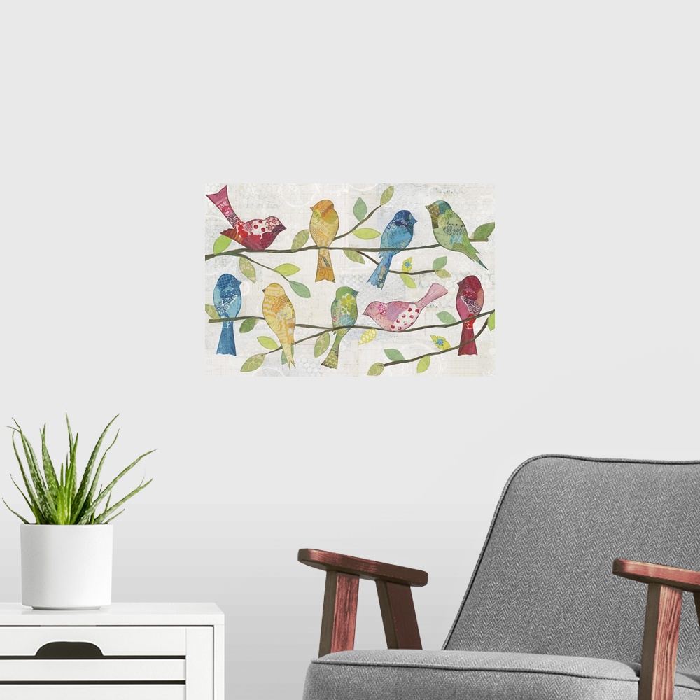 A modern room featuring Colorful patchwork birds sitting on branches.