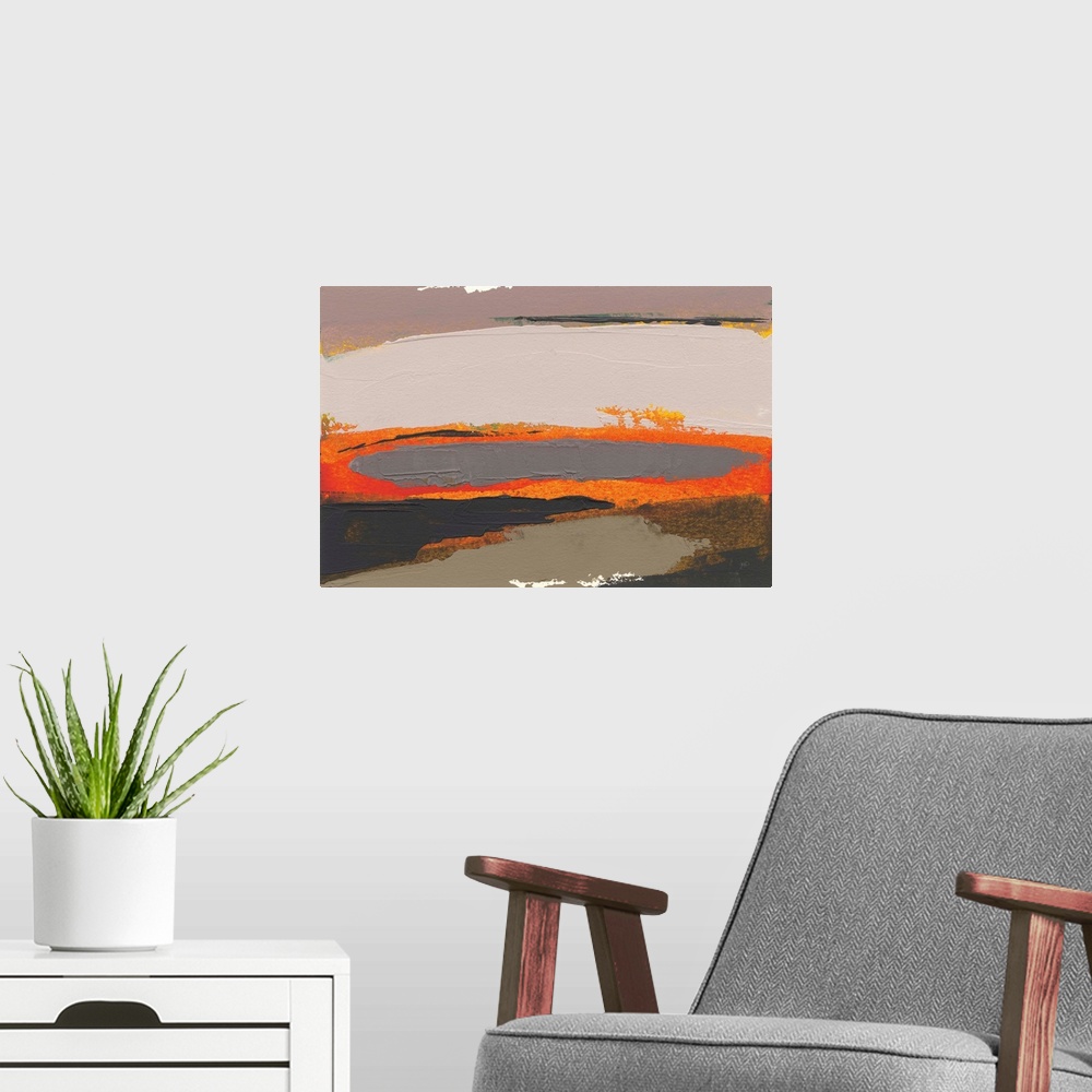 A modern room featuring Large abstract painting with thick layered paint in shades of gray, orange, brown, and red.