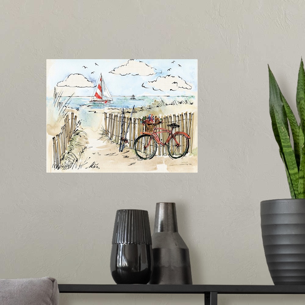 A modern room featuring Watercolor painting of a beach scene with a red bicycle and fishing poles in the foreground and a...