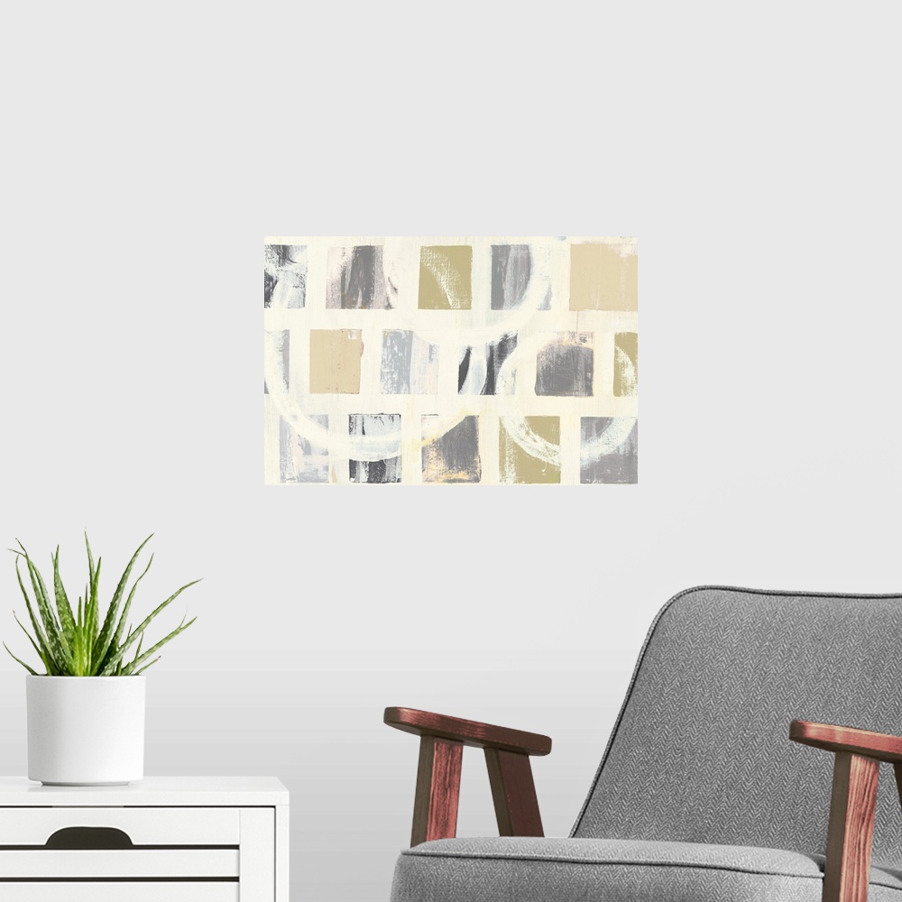 A modern room featuring Neutral colored abstract artwork with squares on an off-white background with large off-white cir...