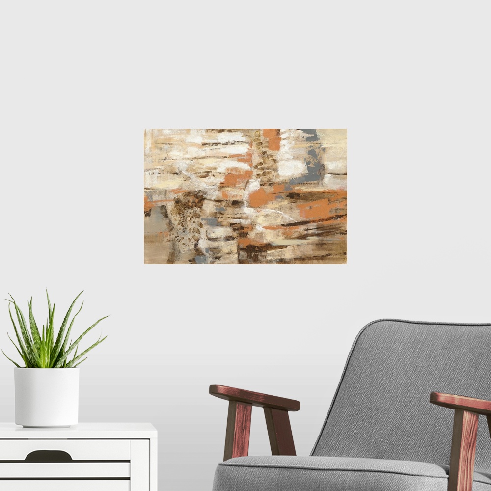 A modern room featuring Contemporary artwork featuring horizontal brush strokes in earthy colors with abstract textures t...