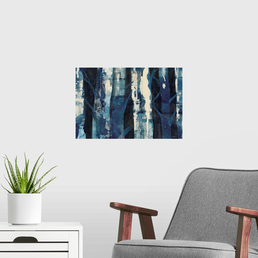 A modern room featuring Horizontal abstract painting of textured roughed vertical lines in shades of blue.