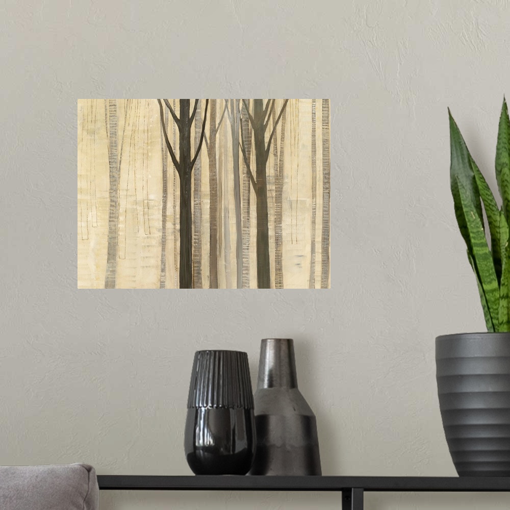 A modern room featuring Painting of tall trees in a forest in neutral tones.