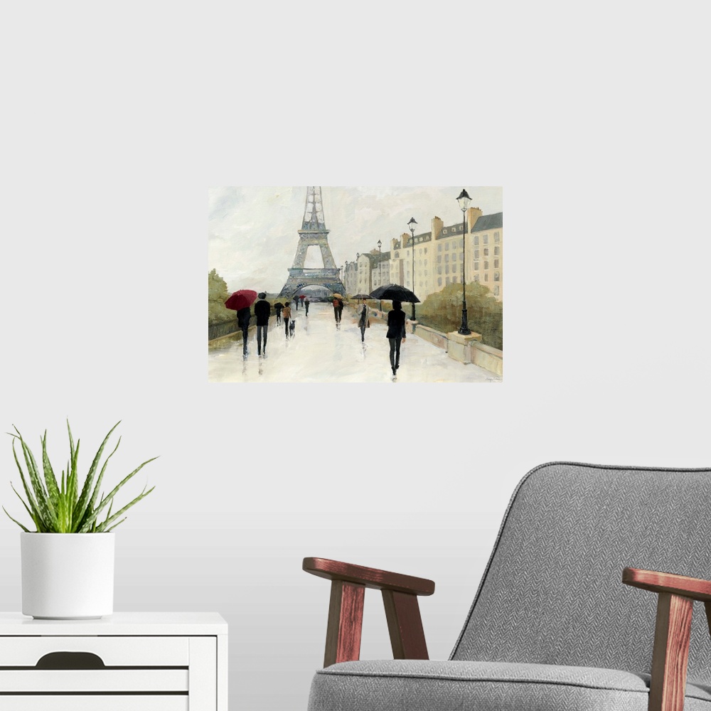 A modern room featuring Contemporary painting of a street in Paris leading to the Eiffel Tower, with figures with umbrellas.
