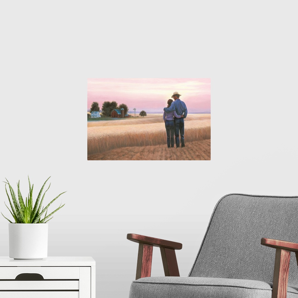 A modern room featuring Contemporary painting of a couple standing in a wheat field looking towards the barn  with a pink...