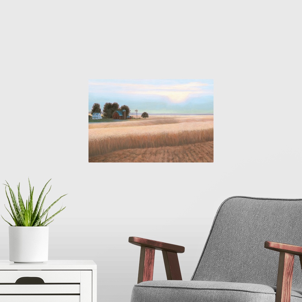 A modern room featuring Contemporary artwork of a crop field with a farmhouse and barn in the background.