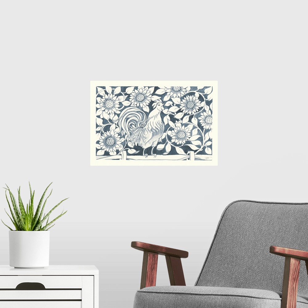 A modern room featuring Floral indigo and white watercolor painting with a rooster crowing on a fence post.