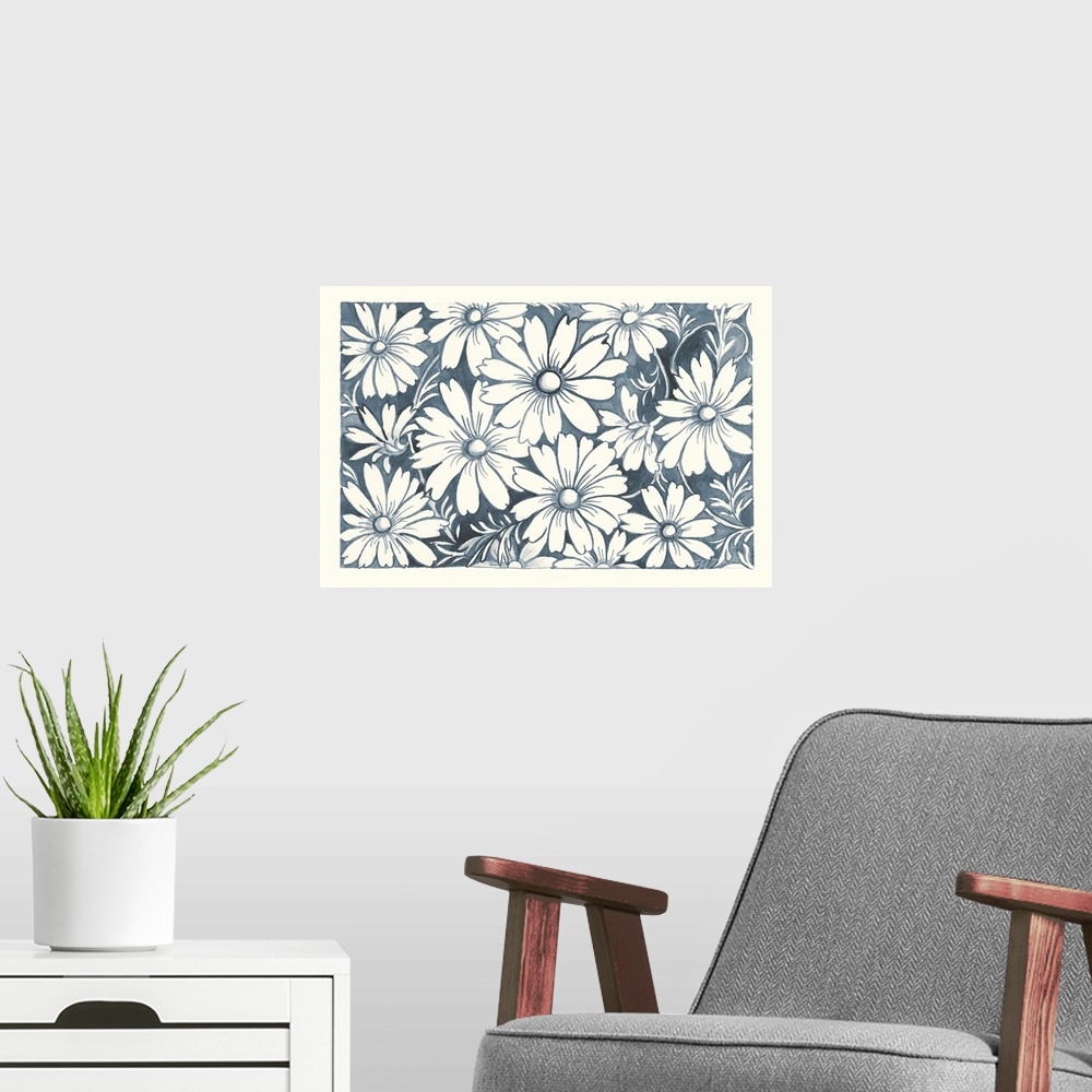 A modern room featuring Floral indigo and white watercolor painting with a white border.