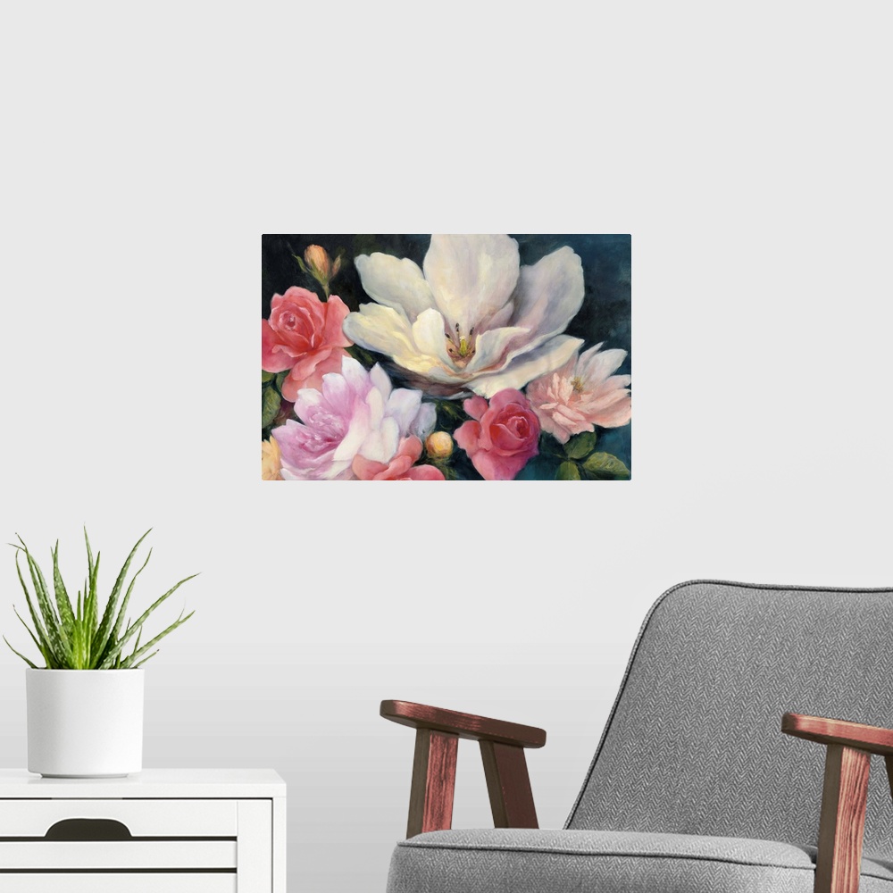 A modern room featuring Contemporary painting of a mix of flowers in shades of pink on a deep blue background.