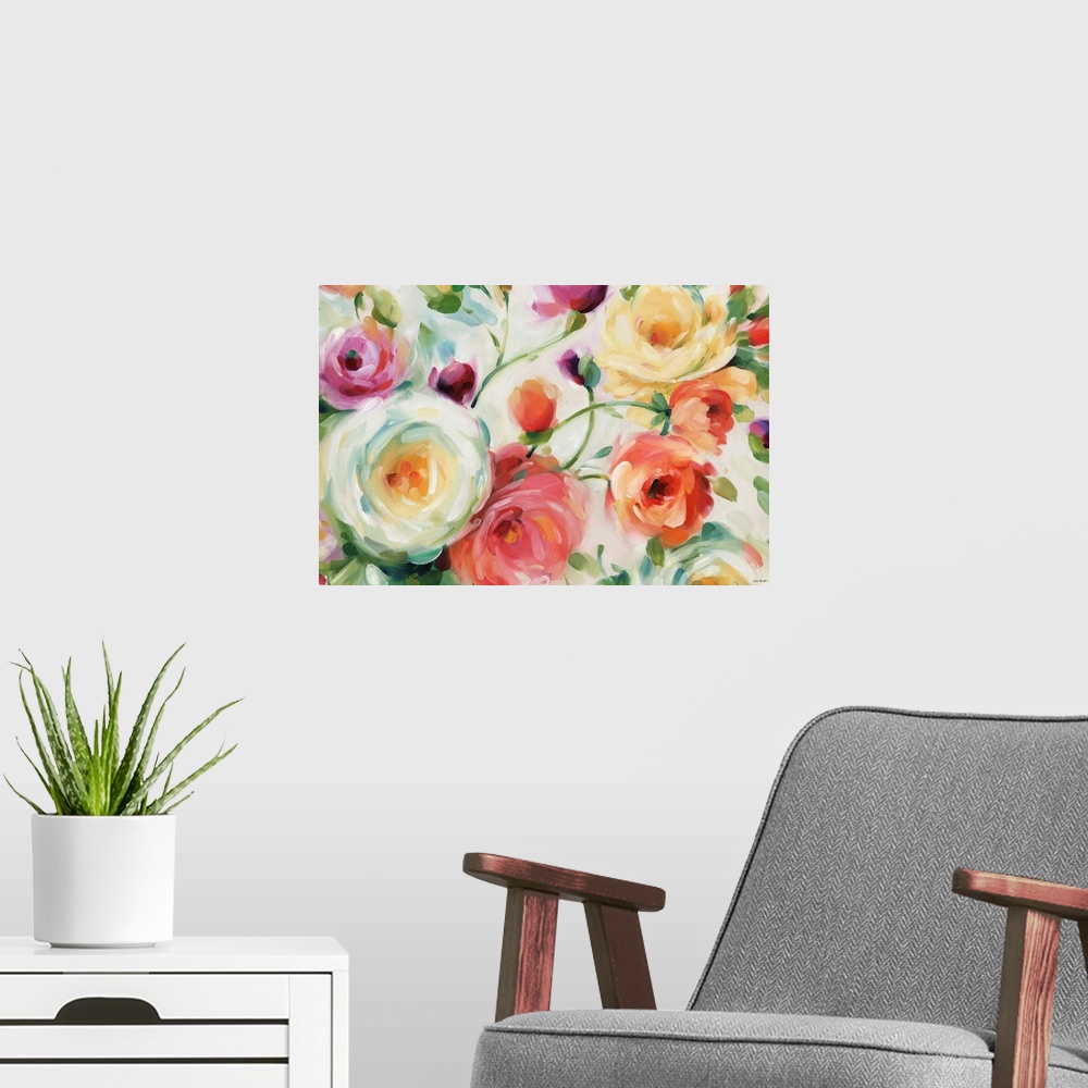 A modern room featuring Horizontal contemporary painting of large flower blooms in bold brush strokes.