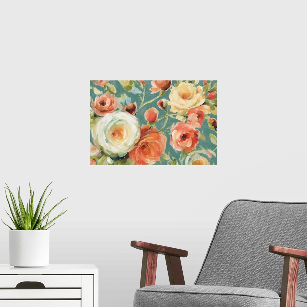A modern room featuring A contemporary painting of large rose blooms in white, orange and pink on a blue background.