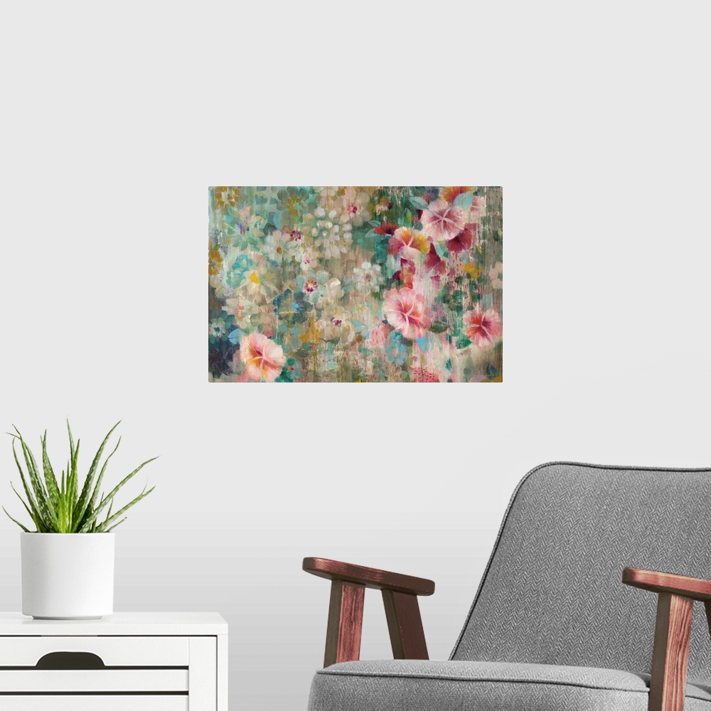 A modern room featuring Abstract floral painting with a cool background and warm pink flowers on the foreground.