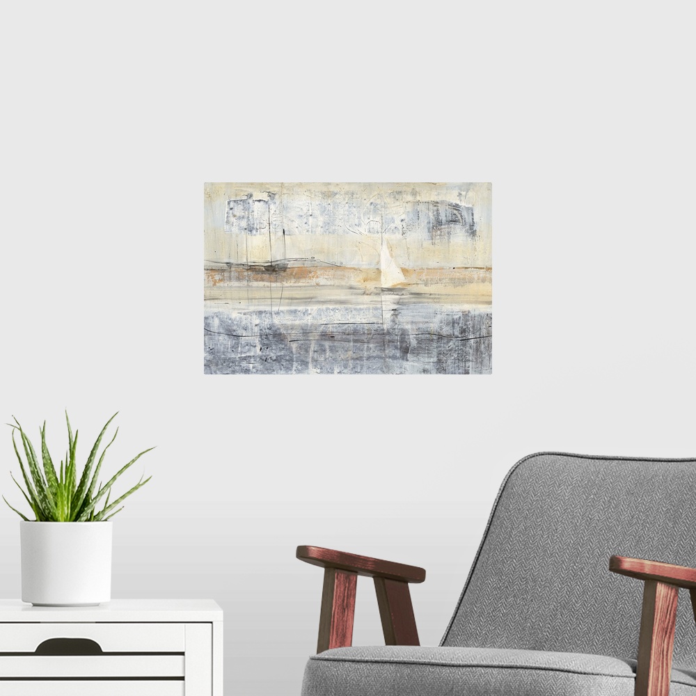 A modern room featuring A horizontal abstract painting of a sailboat in water in neutral textured tones and black line ac...