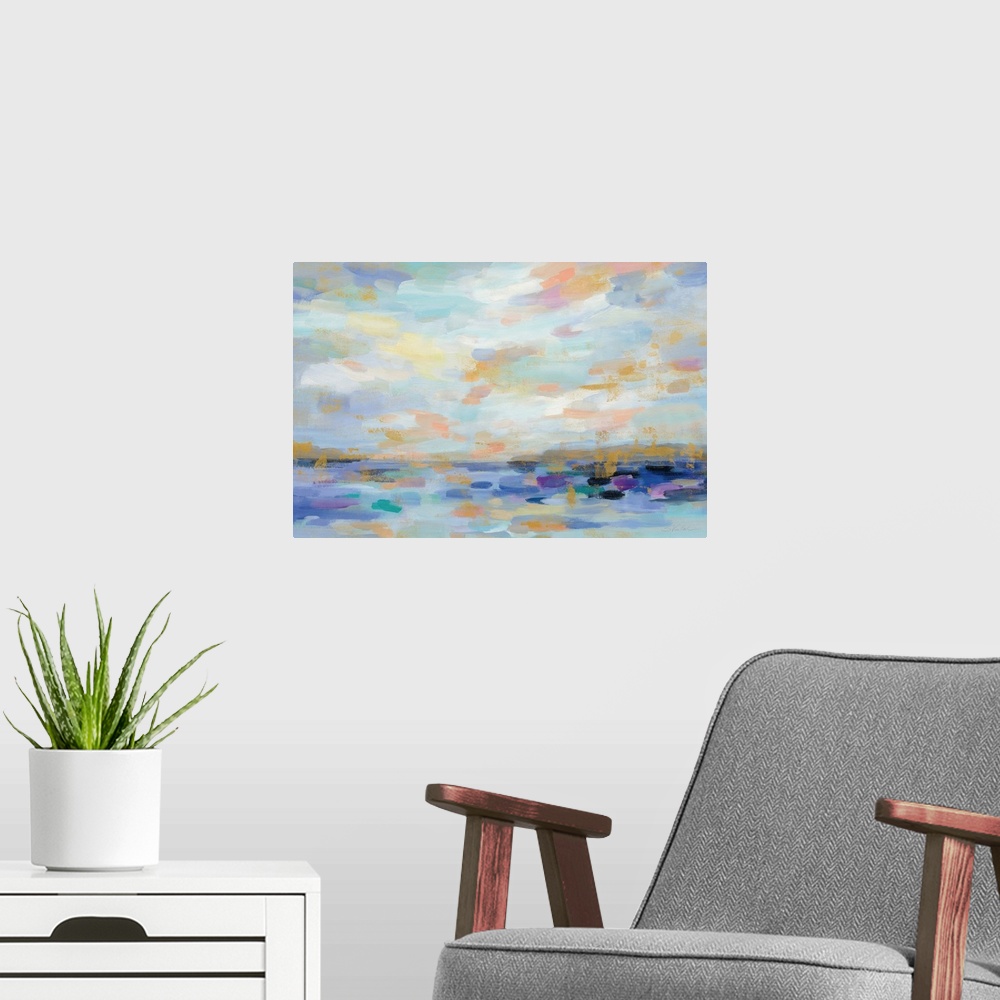A modern room featuring An abstract landscape of a sunrise seascape in varies warm colors.
