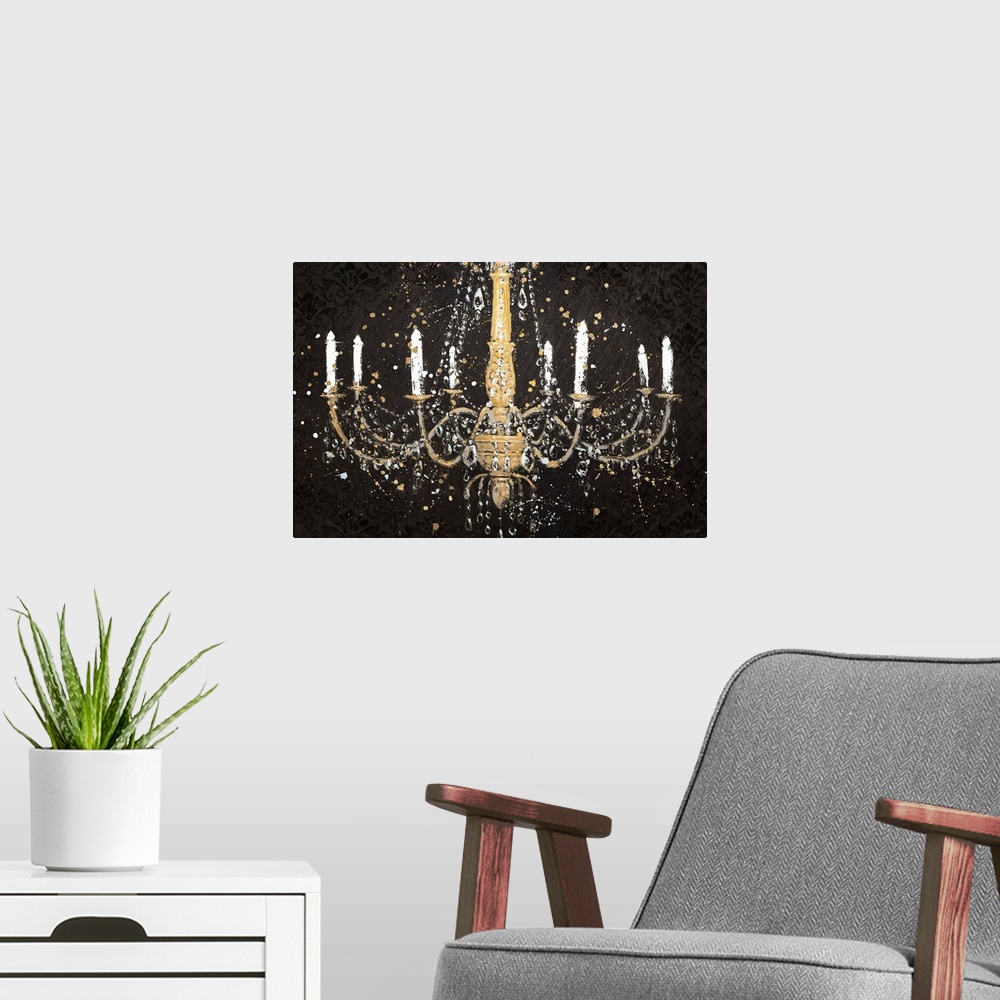 A modern room featuring Contemporary artwork of a chandelier on black with jewels and tall candles.