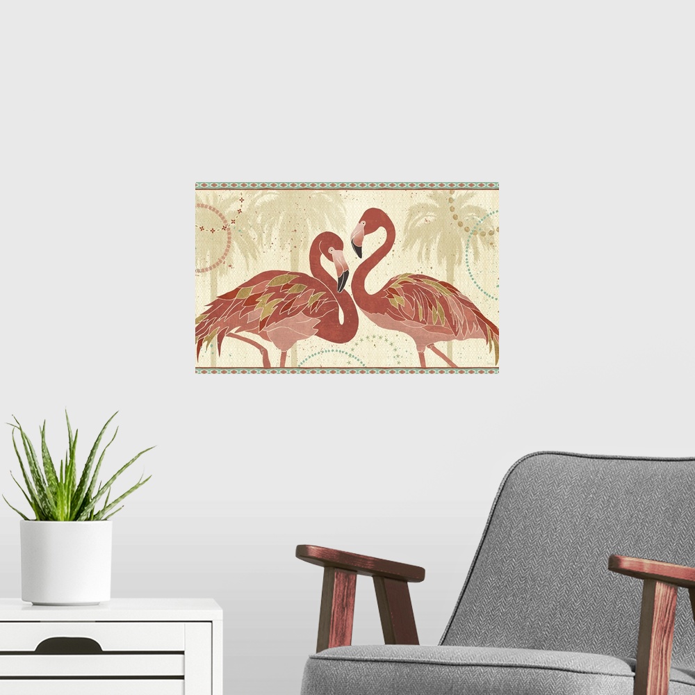 A modern room featuring Contemporary artwork of two flamingos in dark pink, tones with gilded feathers against a tropical...