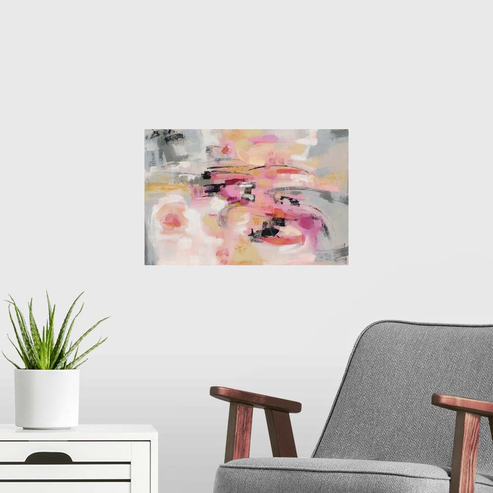 A modern room featuring A horizontal abstract image in shades of pink, yellow and gray.