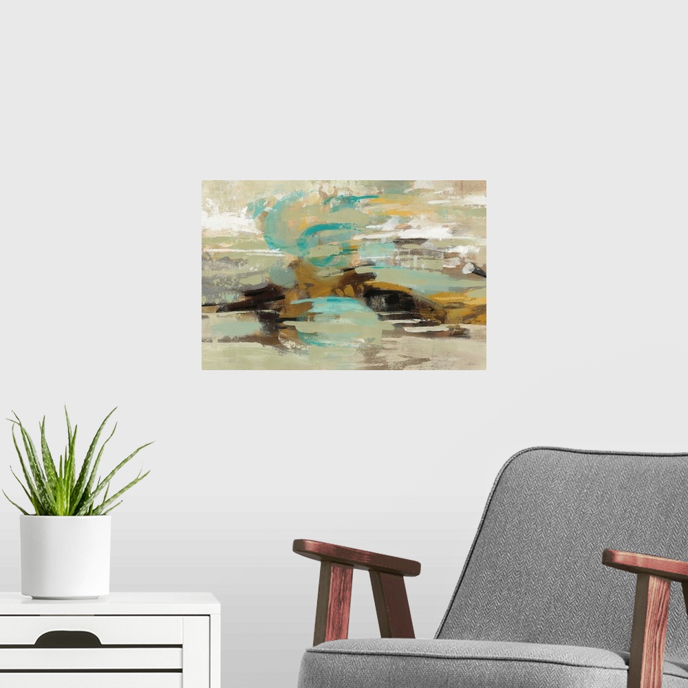 A modern room featuring Large abstract painting made with horizontal brushstrokes and green, gold, blue, and brown hues, ...