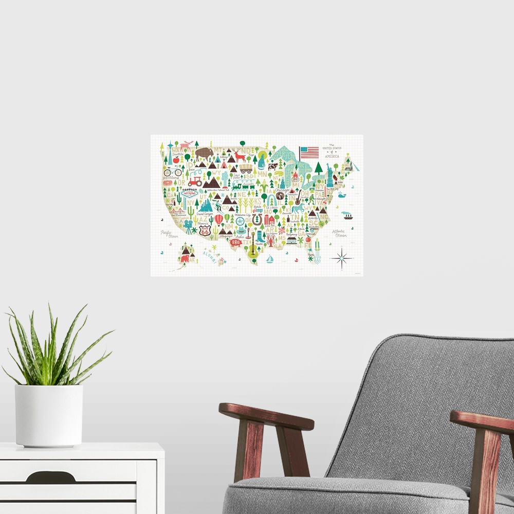 A modern room featuring Contemporary illustration of an art map of USA.