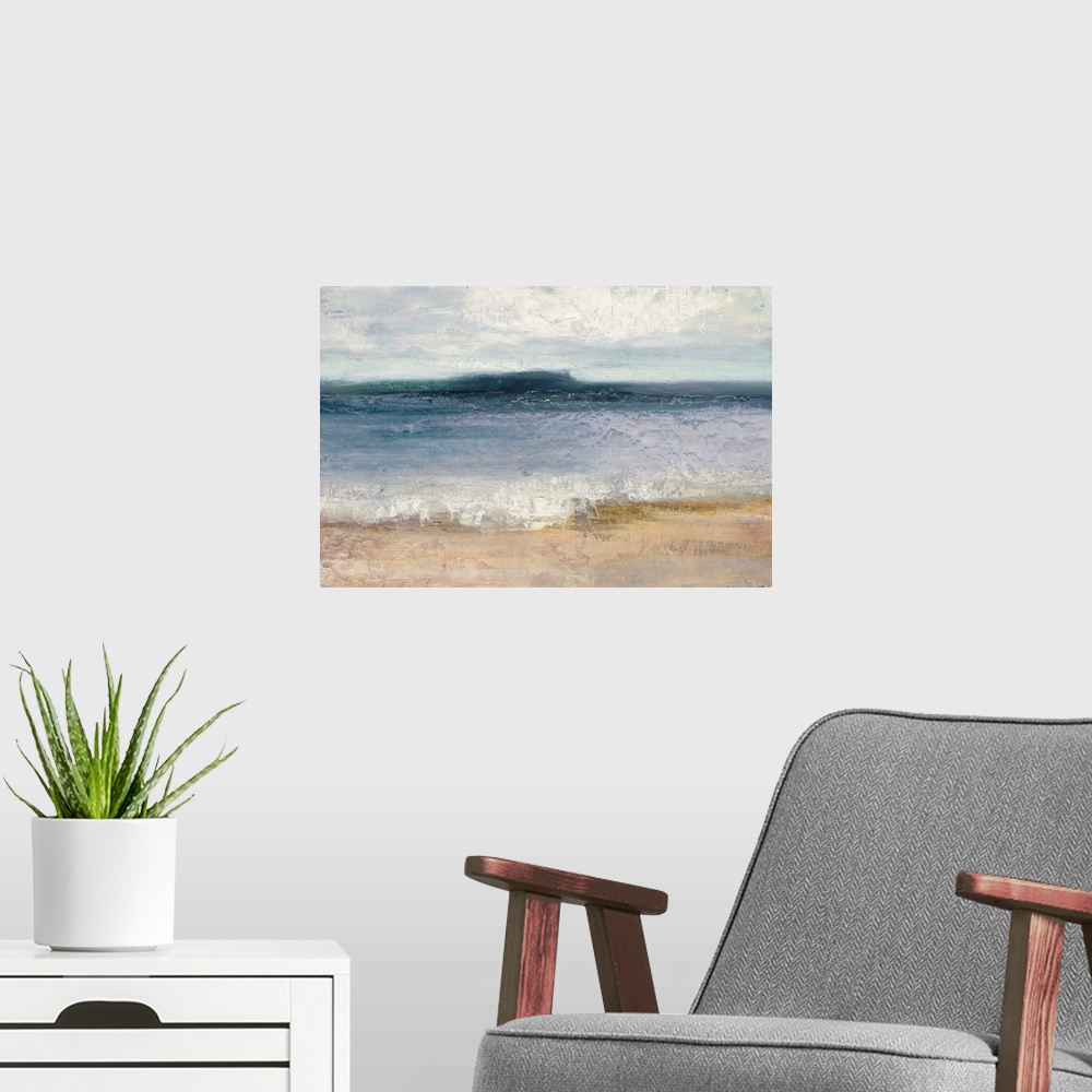 A modern room featuring Abstract painting of the ocean and shoreline separated into horizontal sections of color and text...