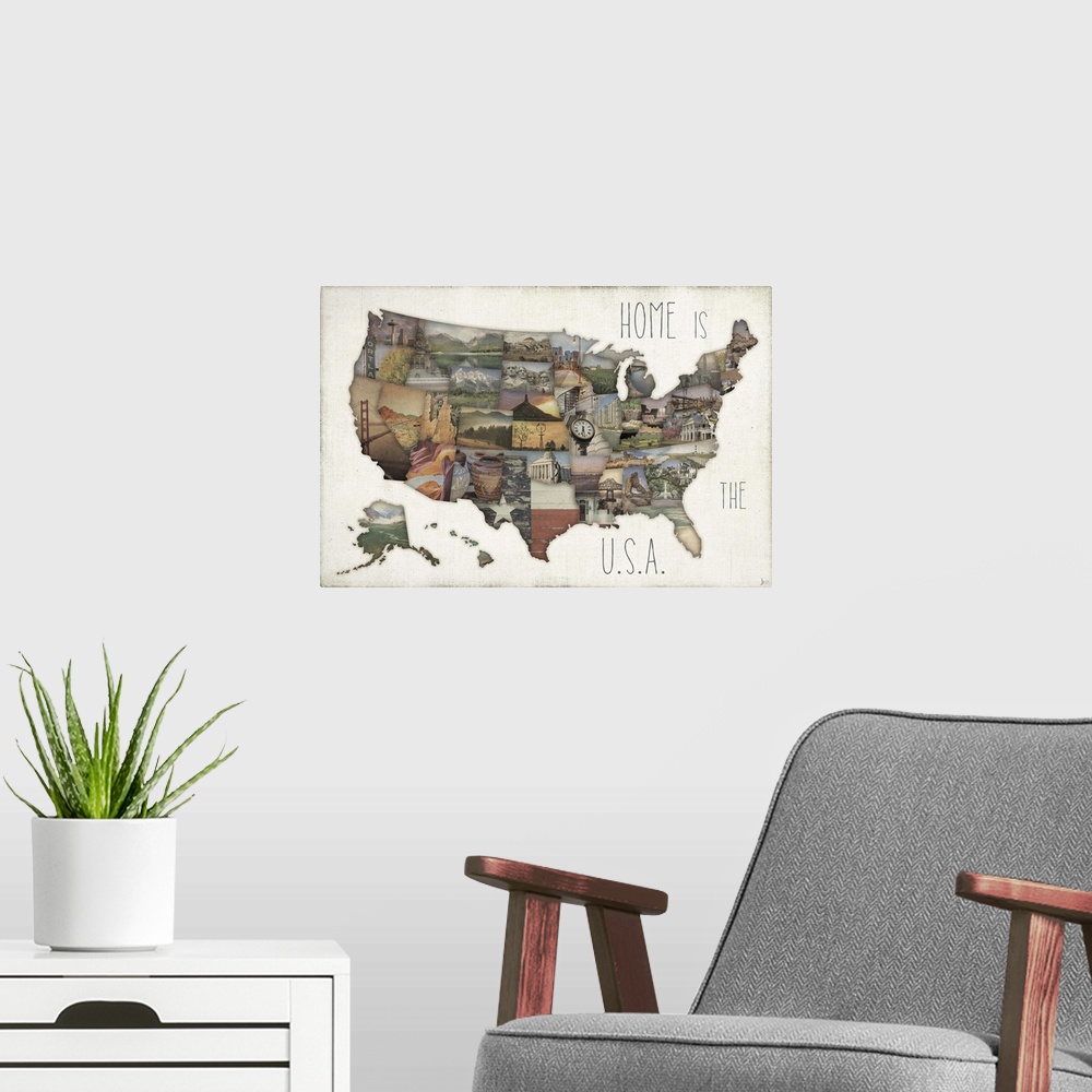 A modern room featuring A map of the United States with each state made of a photograph.